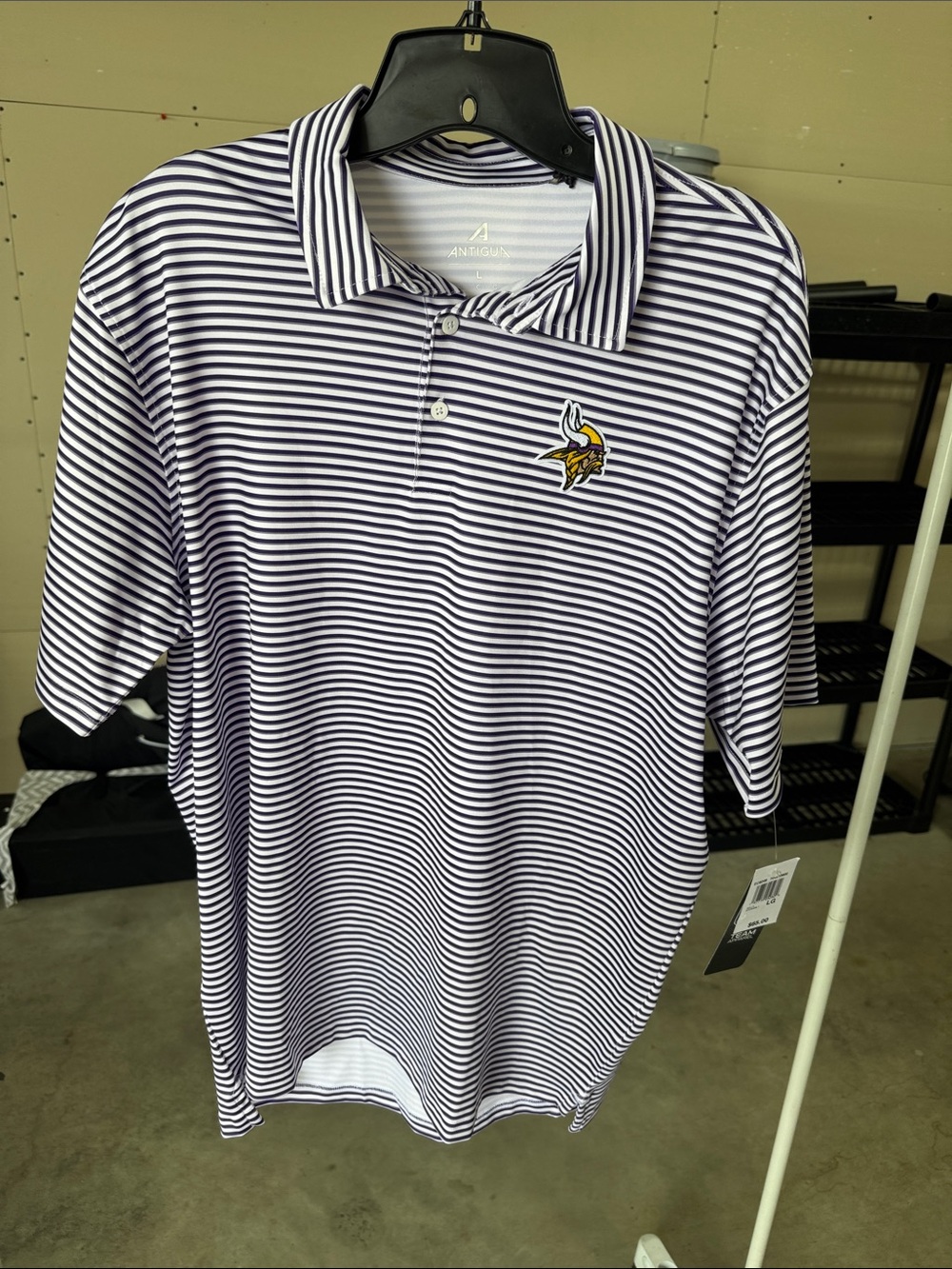 Antigua Men's Navy and White Striped Minnesota Vikings Polo- Antigua
